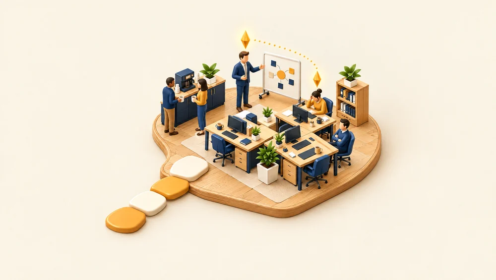 Leadership: a manager and their team, with decisions waiting.